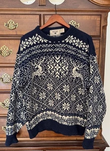 Toller Plains Fair Isle Pullover Wollmischung Schneeflocke Rentier LARGE L dunkelblau - Bild 1 von 4
