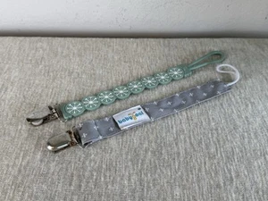 SET OF 2 - Gray cloth & Green silicone Pacifier Strap Clips - Picture 1 of 8