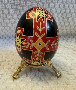 VINTAGE HANDBEMALTER ECHTER EI UND MESSINGSTÄNDER SCHWARZ ROT - Bild 1 von 5