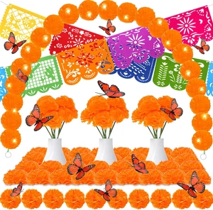 Juego de 54 piezas de decoraciones del Día de Muertos, incluye 2 guirnaldas artificiales de caléndula, 30 M - Imagen 1 de 12