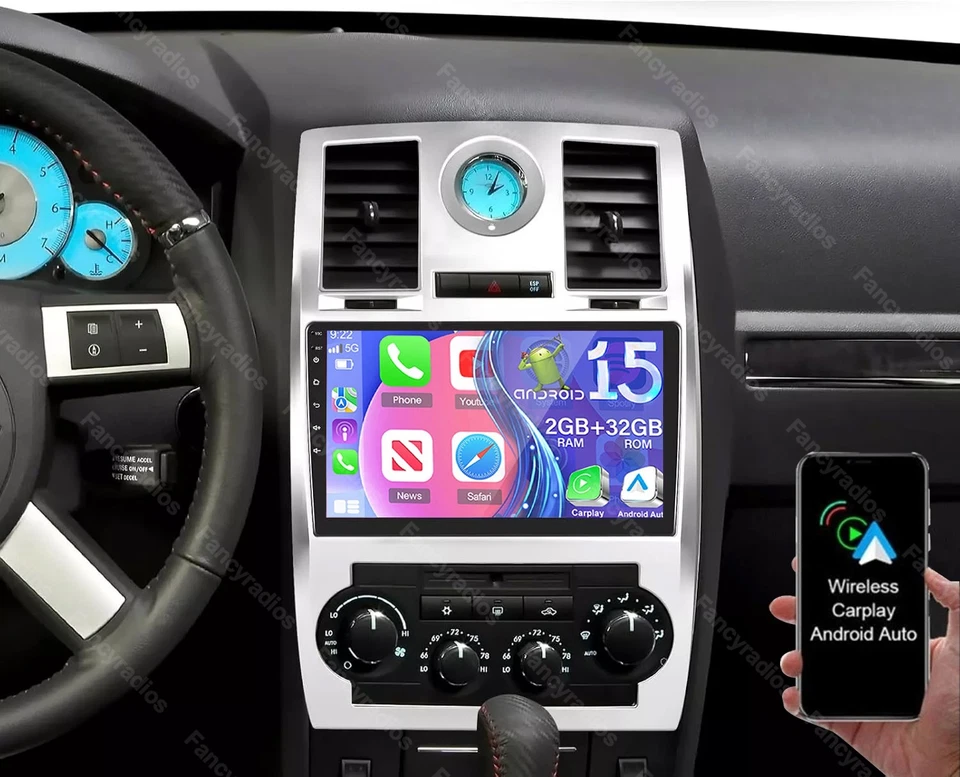 Rádio estéreo GPS navegação 9" para Chrysler 300C 2005-2010 Android 15 Apple CarPlay carro - Imagem 1 de 4