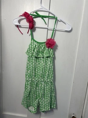 NWT Gymboree Girls Sz6 Green Sparkle Safari Geo Print Romper & EUC Pink Headband - Image 1 of 4