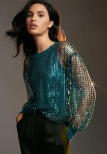 New Anthropologie Pilcro Long Sleeve Balloon Sleeve Sequin Top Turquoise S Mesh - Picture 1 of 20