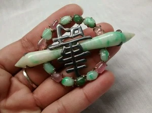 antique Chinese export sterling silver gilt carved jade tourmaline pin brooch - Picture 1 of 6