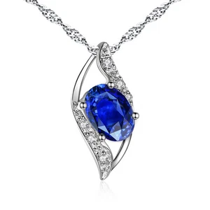 925 Sterling Silver 0.78 cttw Simulated Oval Blue Sapphire Necklace Pendant - Picture 1 of 11