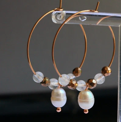 Creolen Mondstein Süßwasserperle rosegold Edelstahl Perlenohrring Geschenk Frau - Bild 1 von 4