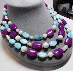 Blue Purple White Stone Handmade Sterling Silver Clasp Extra Long 54" Necklace  - Picture 1 of 8