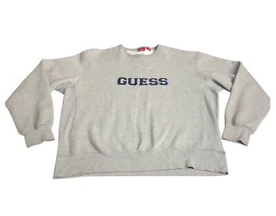 Vintage 90s Guess Sweatshirt Mens L Gray Spellout Crew Neck Pullover Sweater USA - Image 1 of 4