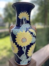 Enameled Ceramic Sunflower Painted Vase ￼14.5" Blue Danish Large MCM 1960s