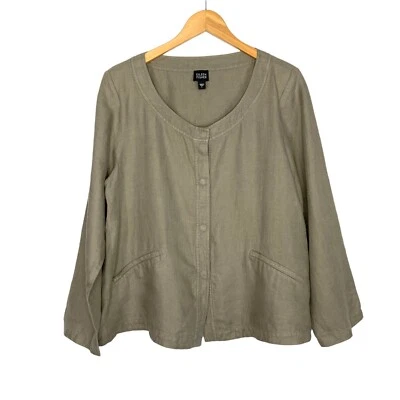 Eileen Fisher 100% Linen Button Up Jacket Size Large Taupe Gray Shoulder Pads - Image 1 of 4