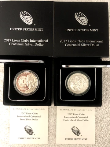 Complete Set (2) of 2017 Lions Club Int'l Commemorative Silver Dollars Proof/Unc Cover