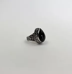 Tear Shaped Black Tourmaline Cabochon 925 Sterling Silver Ring Size 6.75 (JB-1) - Picture 1 of 6