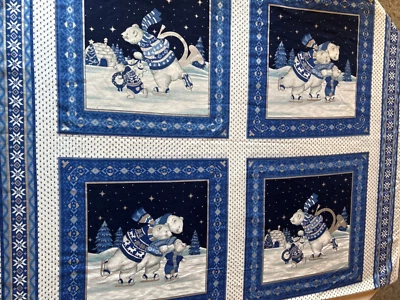 Concord Fabrics The Kesslers 4 Squares "Ice Skating Polar Bears" Blue & Silver - Image 1 of 4