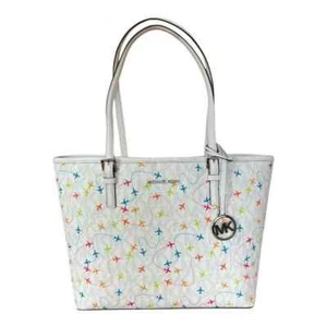 Michael Kors Jet Set Medium Carryall Airplane Print Tote White Bag Logo - Picture 1 of 8