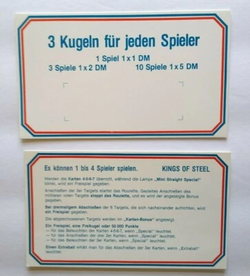 Kings Of Steel Pinball Instruction Cards Set of (2) 1984 German Text NOS - Image 1 of 4