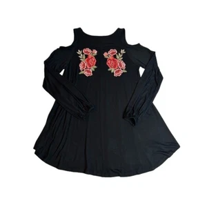 Women's Black Cold Shoulder Top Large With Floral Embroidery Long Sleeves - Picture 1 of 6