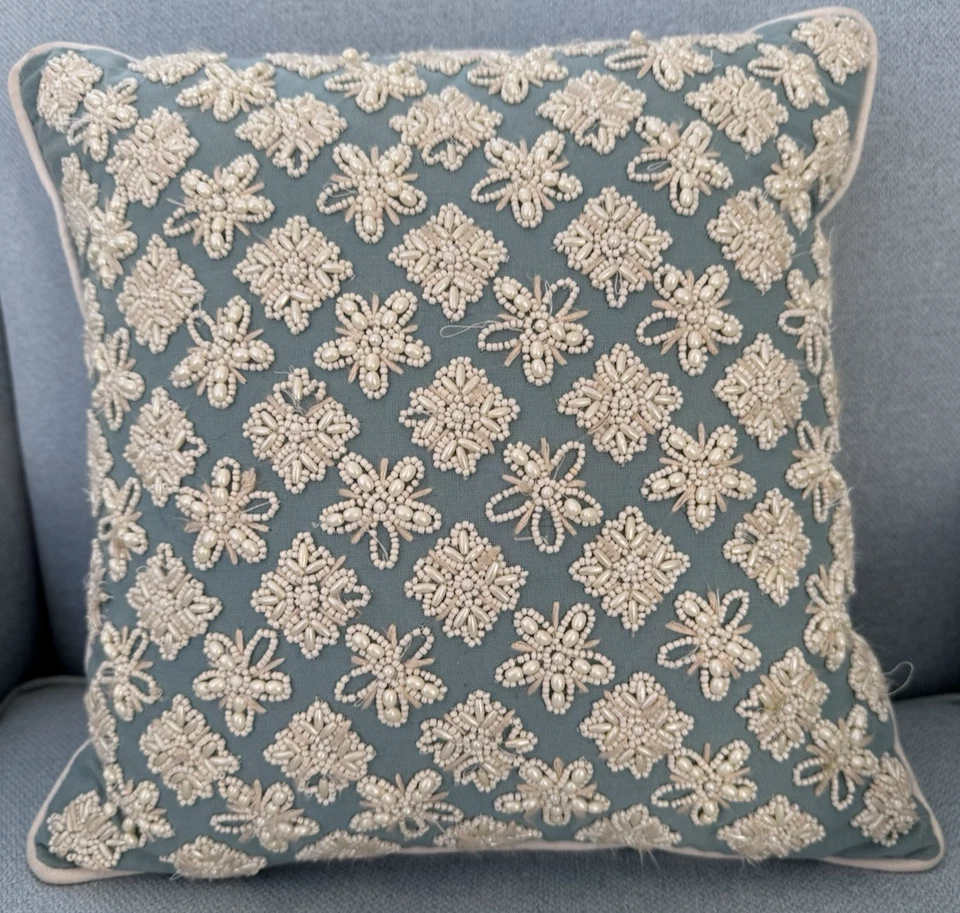 Pier 1 One White Beaded Blue Floral Throw Pillow Square 13” Zip Enclosure - Image 1 of 4