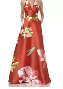 #408 Kay Unger New York rot ärmelloses Kleid mit Blumenmuster Größe 16 - Bild 1 von 6