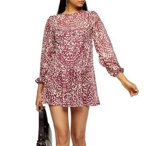Topshop Animal Print Long Sleeve Mini Shift Maroon Cream Dress Size 8 - Picture 1 of 14