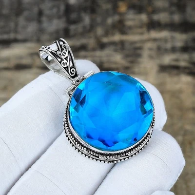 Pendente In Argento Sterling 925 Con Gemma Di Topazio Blu Fatta A Mano Regalo - Immagine 1 di 4