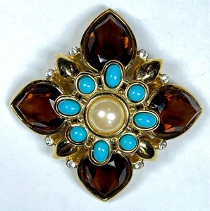 JOAN RIVERS Gold Tone Pin Brooch Amber Colored Stones Faux Turquoise - Picture 1 of 11