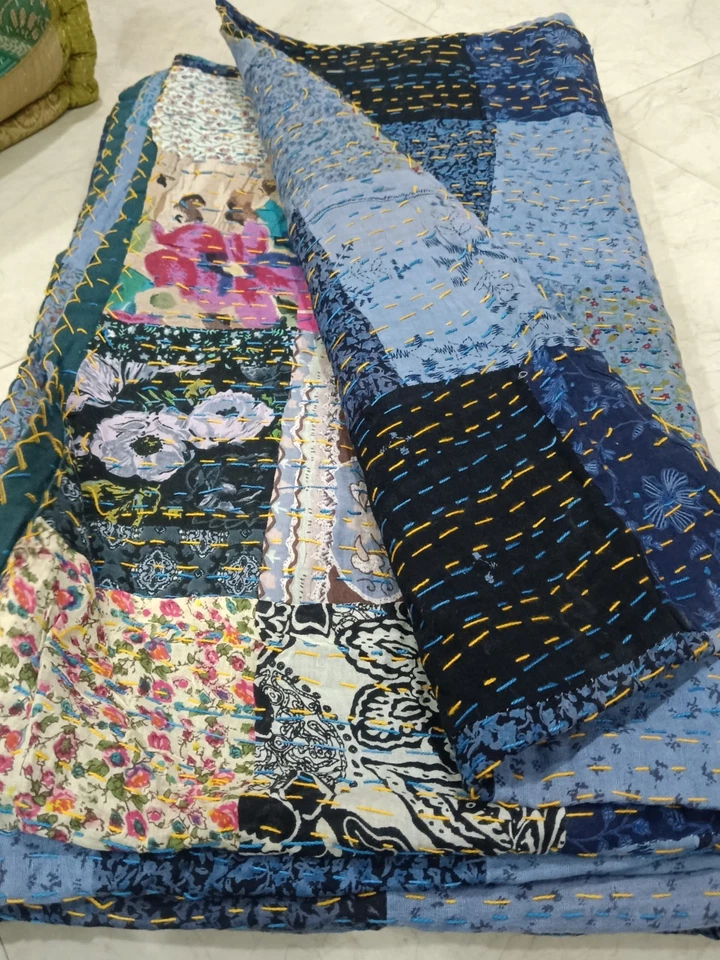 Indian Handmade King Size Kantha Quilt Patchwork Bedspread Throw Cotton Blanket - Image 1 of 4