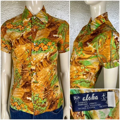 Camisa vintage de poliéster coreana con estampado hawaiano naranja y verde ALOHA de los años 70 para dama Foto 1 de 4