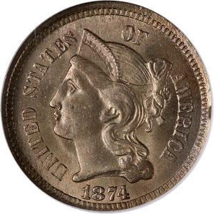 1874 Three (3) Cent Nickel NGC MS64 Great Eye Appeal Nice Strike - Picture 1 of 4