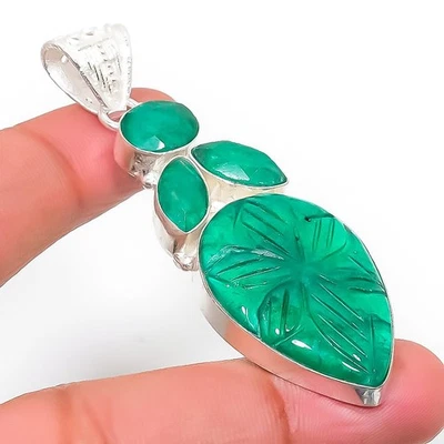 Pendente In Argento Sterling 925 Fatto A Mano Con Gemma Simulata Verde 2.48" - Immagine 1 di 4