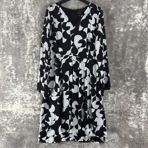 Worthington Size 16 Geometric V Neck Flare Midi Dress Black White Long Sleeve - Picture 1 of 12