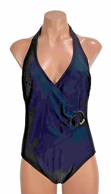 Traje de baño vintage años 90 Carol Wior de una pieza 8 detalles negros dorados halter adelgazante Foto 1 de 4