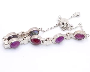 Sterling Silver 925 Ruby & Laborite Oval Cut Double Gemstone Bolo Bracelet - Picture 1 of 5