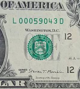 2017 $1 bill fancy serial, zip code date note 59043 Lame Deer, MT, May 09, 1943 - Picture 1 of 3