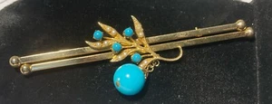 4" lg turquoise pearl gold tones vtg/antq BROOCH dangle bar leaf berry floral Ol - Picture 1 of 20