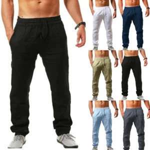 Mens Casual Sports Cotton Linen Yoga Pants Breathable Loose Running Trousers UK - Picture 1 of 13