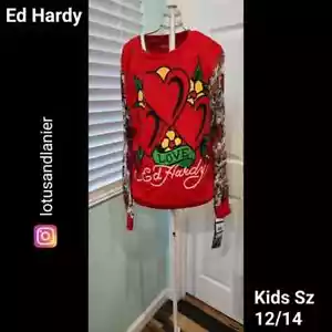 Camisa roja manga larga Ed Hardy para niños talla 12/14 nueva con etiquetas - Imagen 1 de 4