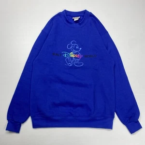 Vtg Walt Disney World Crewneck S Blue Mickey Mouse Rainbow Embroidered Spellout - Picture 1 of 6