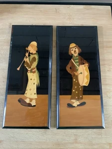 Cuadros de payaso vintage con incrustaciones de madera Italia Notturno Intarsio retro años 60  - Imagen 1 de 7