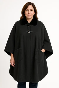 Le Moda Faux Fur Collar Toggle Cape Coat Gray Fleece Poncho One Size - Picture 1 of 11