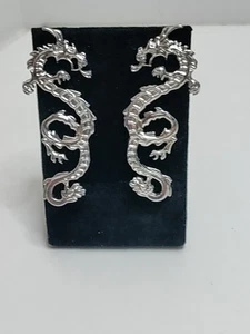 Silver Tone Dragon Earrings 2.75"X1" Pierced Post - Picture 1 of 5