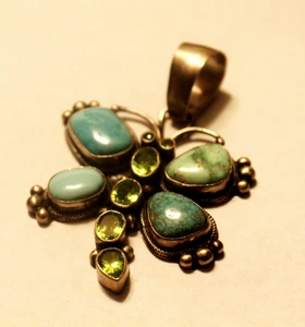 NAVAJO STERLING, TURQUOISE, PERIDOT DRAGONFLY PENDANT - DARRIN LIVINGSTON - Picture 1 of 5