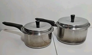 2 Vintage Stainless Flint Steel Ekco Pots Sauce Pans w' Lids 1.5 & 2 Quarts N11 - Picture 1 of 12