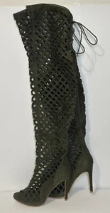 Cape Robbin Women Olive Green Peep Toe Lace Thigh High Heel Boot Sz 6.5 - Picture 1 of 7