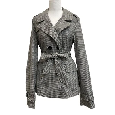 Halogen Black White Plaid Short Belted Waist Jacket sz L Retro Preppy City Coat - Image 1 of 4