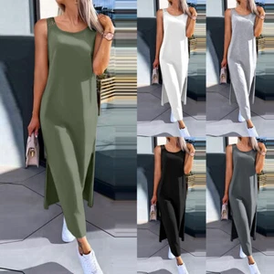 Womens Summer Sleeveless Maxi Tank Dress Holiday Beach Side Split Long Sundress - Picture 1 of 18