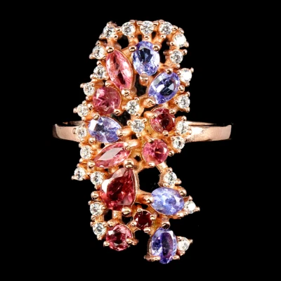 BLUE VIOLET TANZANITE & PINK TOURMALINE RING .925 STERLING SILVER 14K RGP SZ 8.5 - Image 1 of 3