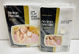 Vtg Fashion Manor No Iron Percale Queen Flat Sheet King Pillowcases NEW NOS - Picture 1 of 5