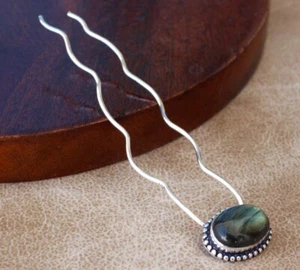 Épingle à cheveux longs plaqué argent 925 Fiery Labradorite 3,5" cadeaux modernes GW - Photo 1/3