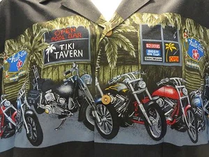 PARADISE FOUND Vtg Hawaiian Shirt motorcycles tiki bar BLACK button front XL - Picture 1 of 4