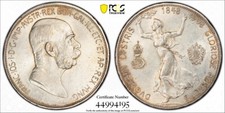 1908, Austria, Francis Joseph I. Silver 5 Corona "Jubilee" Coin. PCGS AU-55!
